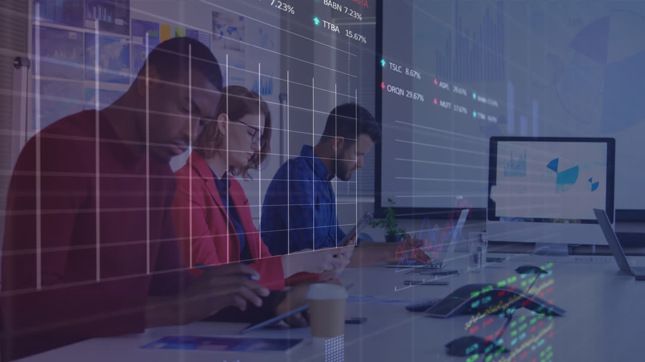 Animation of stock market data processing against diverse team of colleagues working at office
