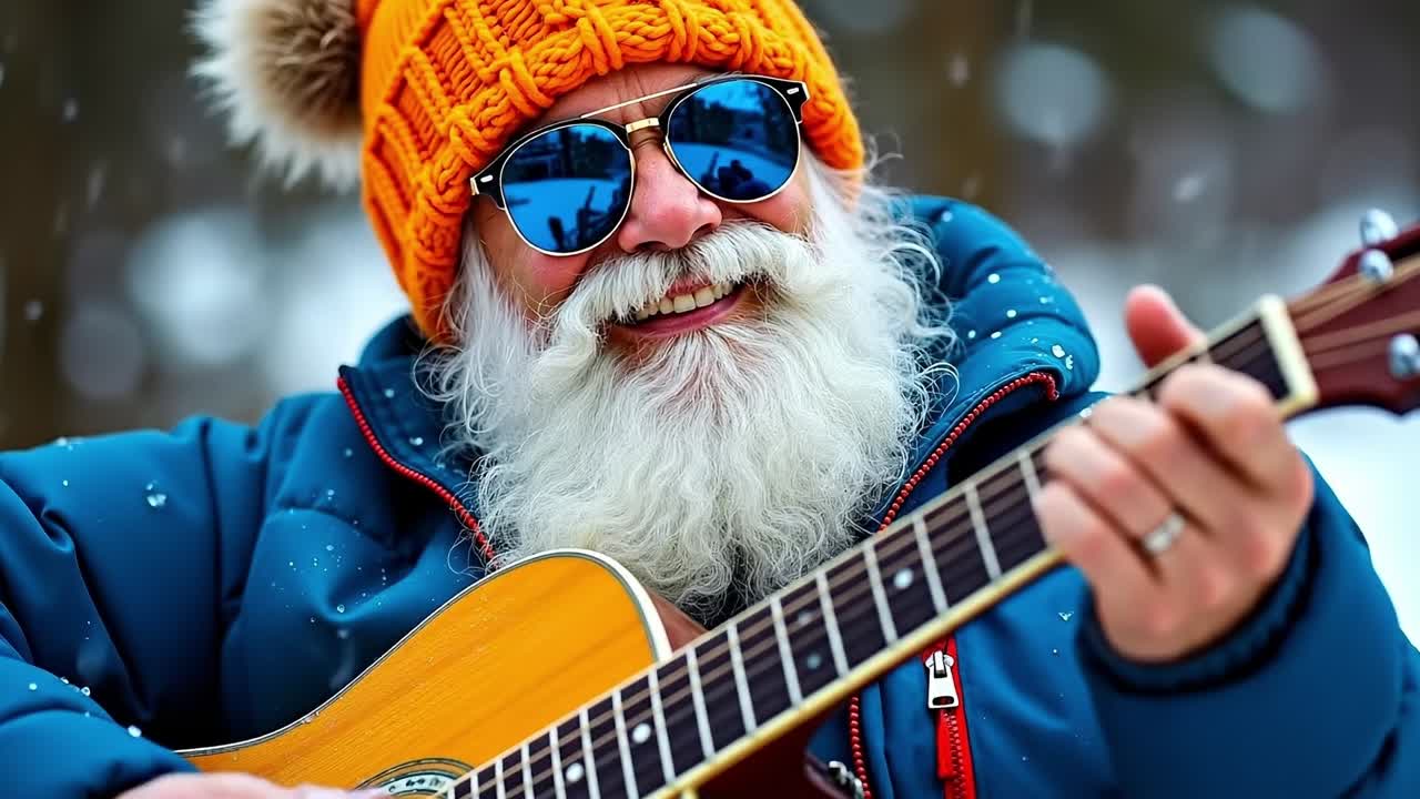 Un uomo con la barba lunga bianca e occhiali da sole che suona una chitarra