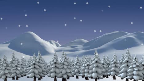 Animation-of-snow-falling-over-fir-tree-in-winter-landscape