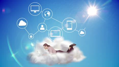 mujer de negocios usando una computadora portátil en una nube