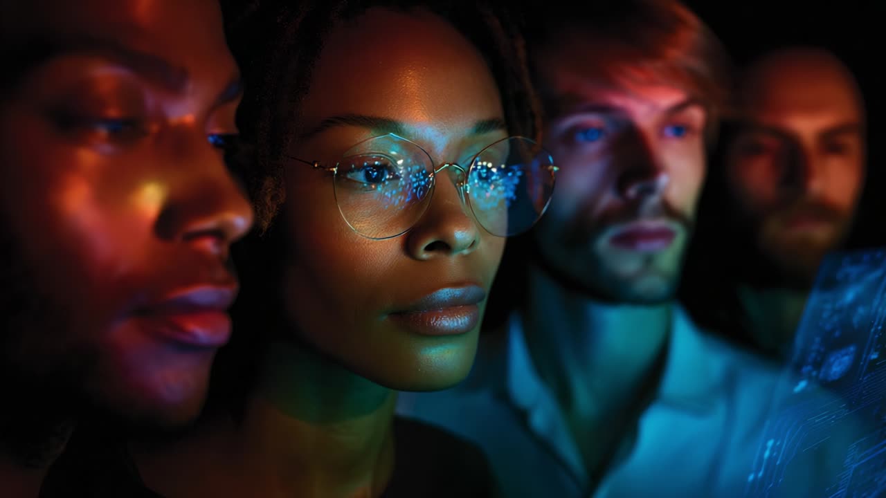 A group of captivated individuals analyzes a vibrant digital display, their expressions revealing focus and intrigue, highlighted by colorful lighting that enhances the contemporary atmosphere in the scene