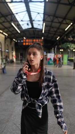 una mujer joven hablando por teléfono en la estación de tren.