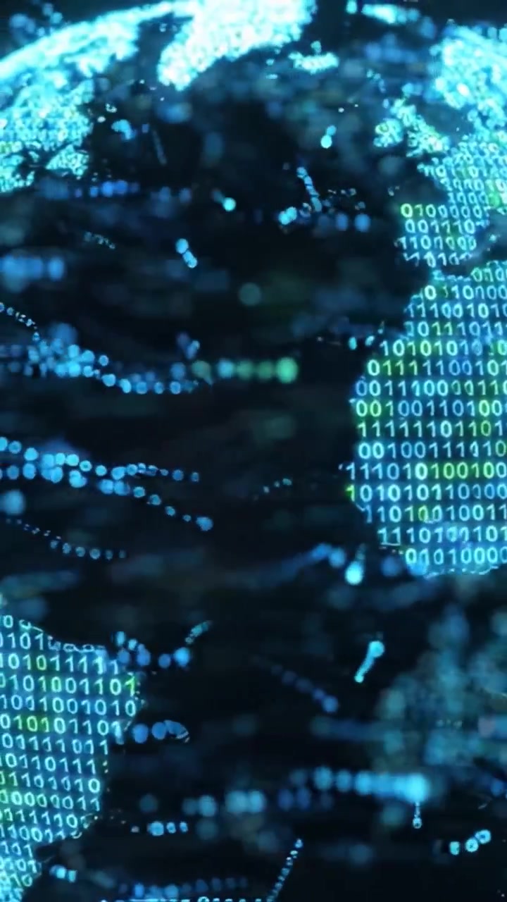 Digital Visualization of the Earth: A Futuristic Representation of Global Connectivity Through Binary Code and Data Streams.