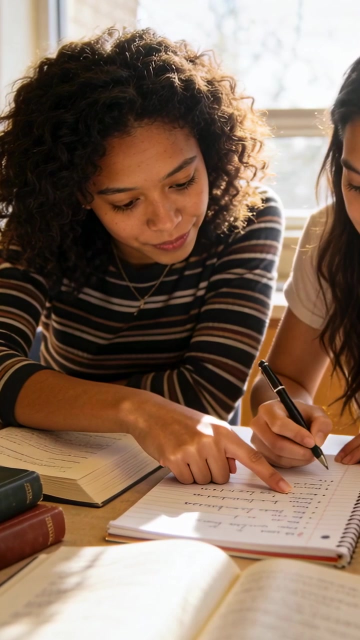 Video verticale: Uno studente con maglietta a righe indica a sinistra, mentre aiuta un compagno a prendere appunti alla scrivania, con un quaderno.