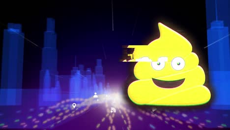 Animation-of-social-media-smiling-poop-icon-over-cityscape