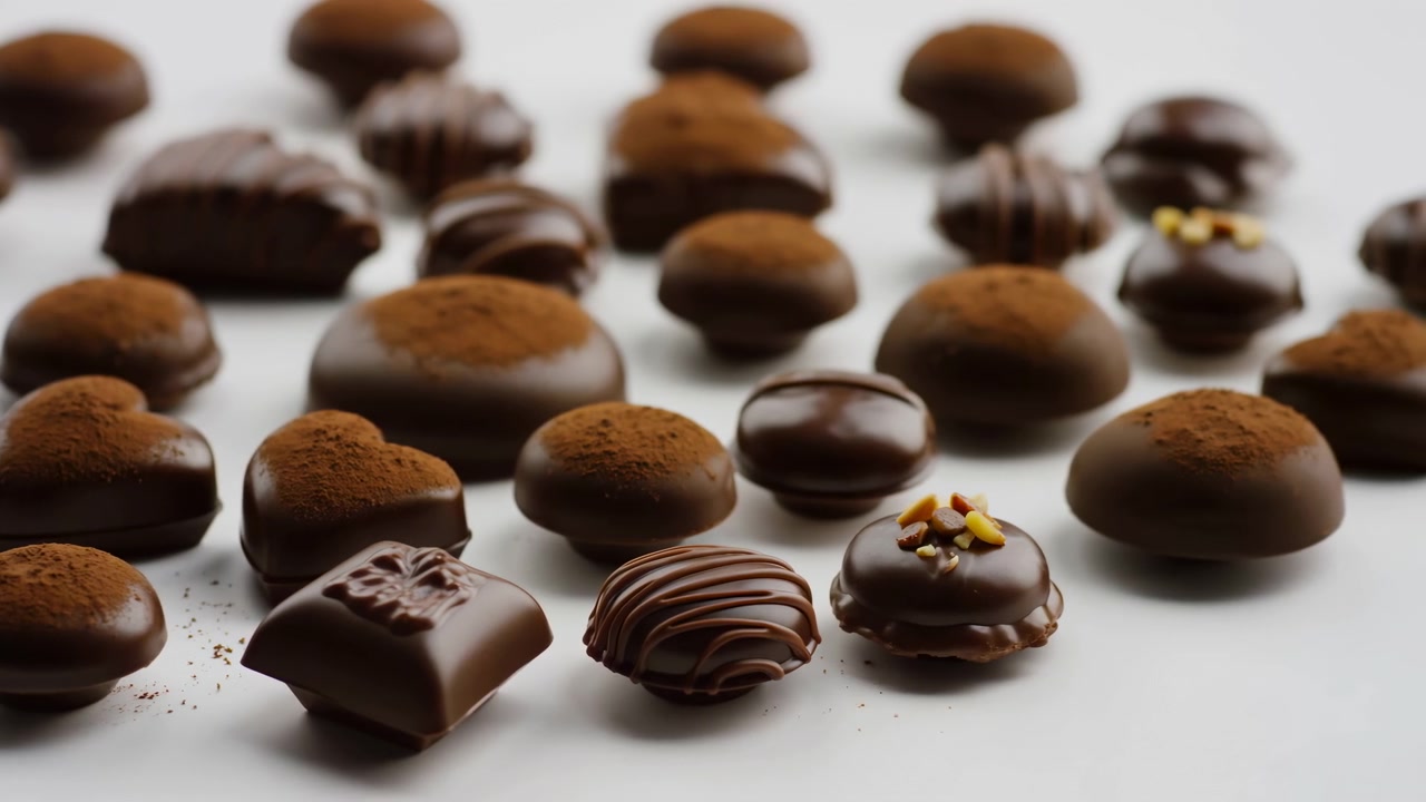 清潔な白い表面に複数のグルメチョコレートボンボンが置かれている。光沢のあるガナッシュ、ココアパウダー、絞り出しの装飾、ナッツのトッピング、そして様々な形が特徴で、微妙な焦点移動が視覚的な奥行きを加えている。