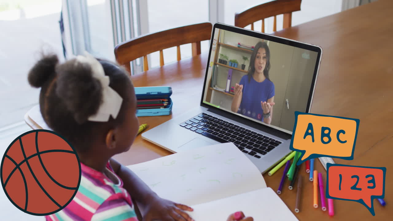 Animation of school icons and copy space over african american girl on laptop online schooling