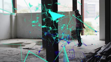 Digital-composite-video-of-glowing-green-network-of-connections-floating-against-woman-jumping-rope
