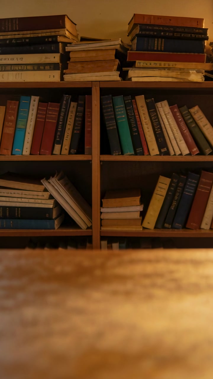 Vertical video: Moving camera up revealing wooden four-cubby shelf at home with table, books