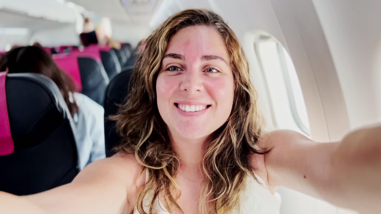Young Woman Smiling on Airplane, Santorini Vacation Starts