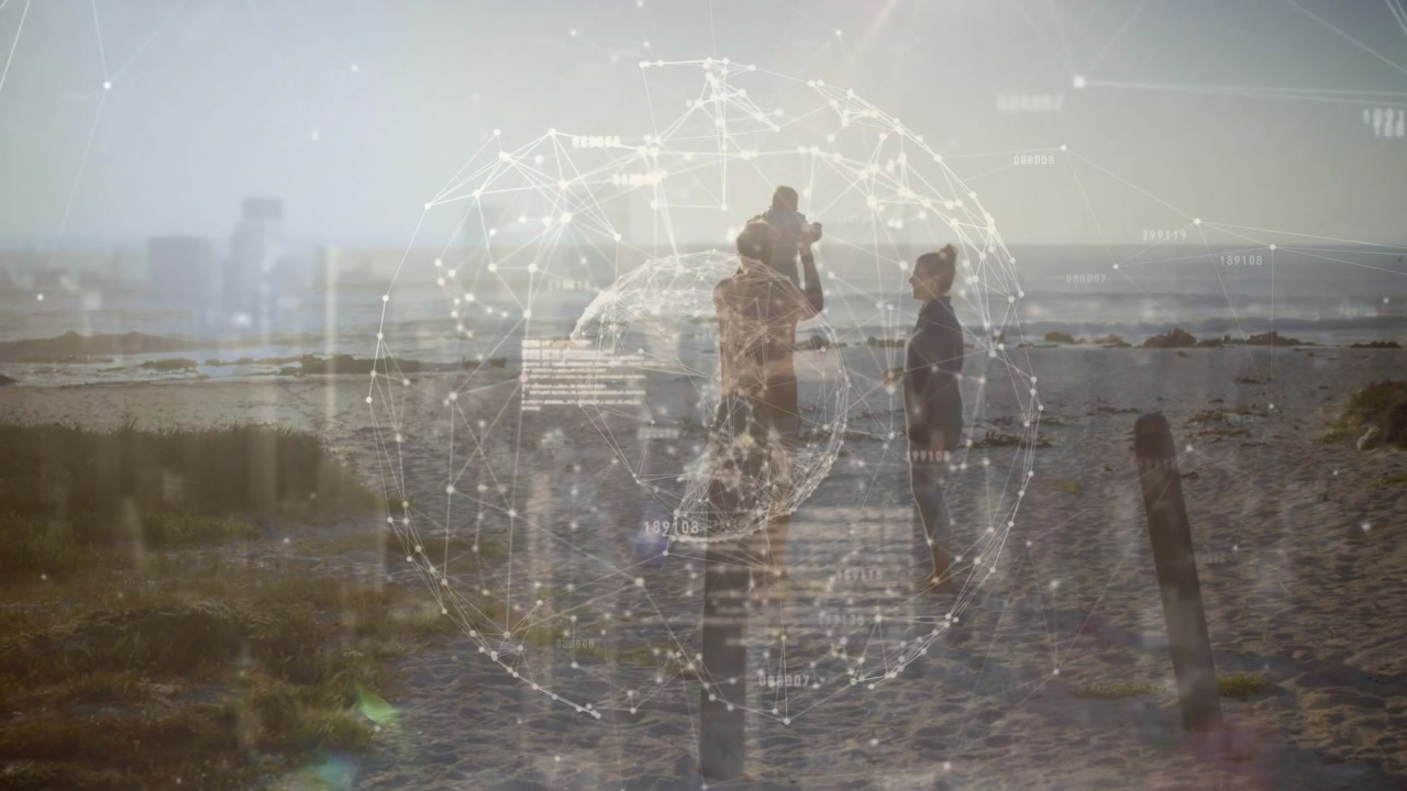 Family walking on beach, man lifting and handing, bonding, checking sand, tech globe HUD hovering