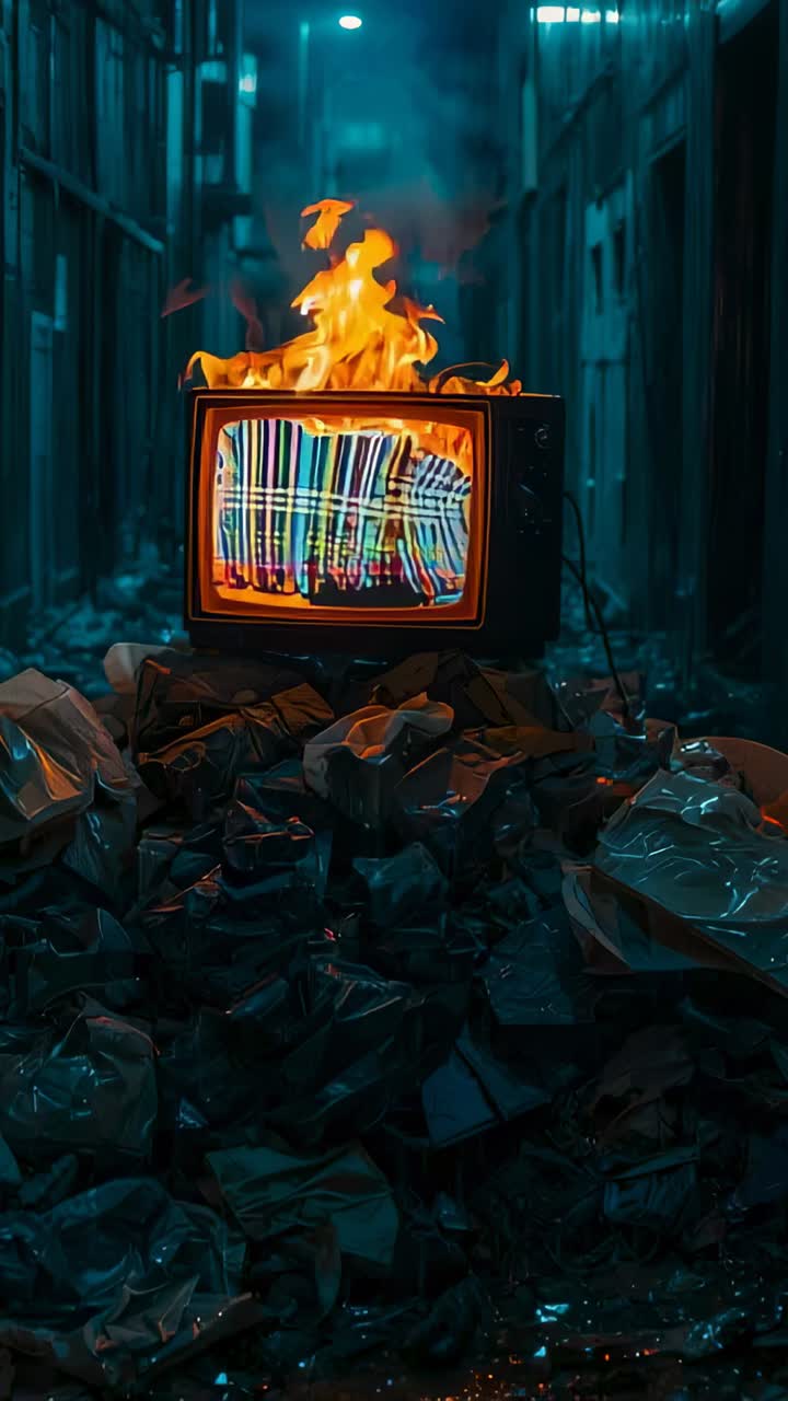 Video verticale: piccola fiamma che incendia un televisore CRT su sacchi della spazzatura, fumo in una fila di magazzino.