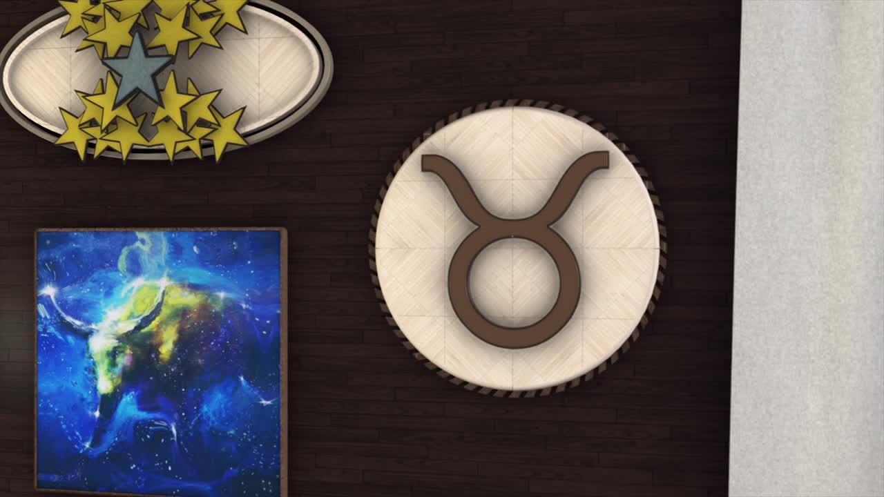 Abstract design of a wall in the room decorated in astrology style with the Earth element sign - Taurus. Animation. Zodiac sign Taurus, golden stars and the blue picture with a bull