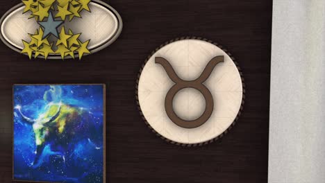 abstract design of a wall in the room decorated in astrology style with the earth element sign - taurus. animation. zodiac sign taurus, golden stars and the blue picture with a bull