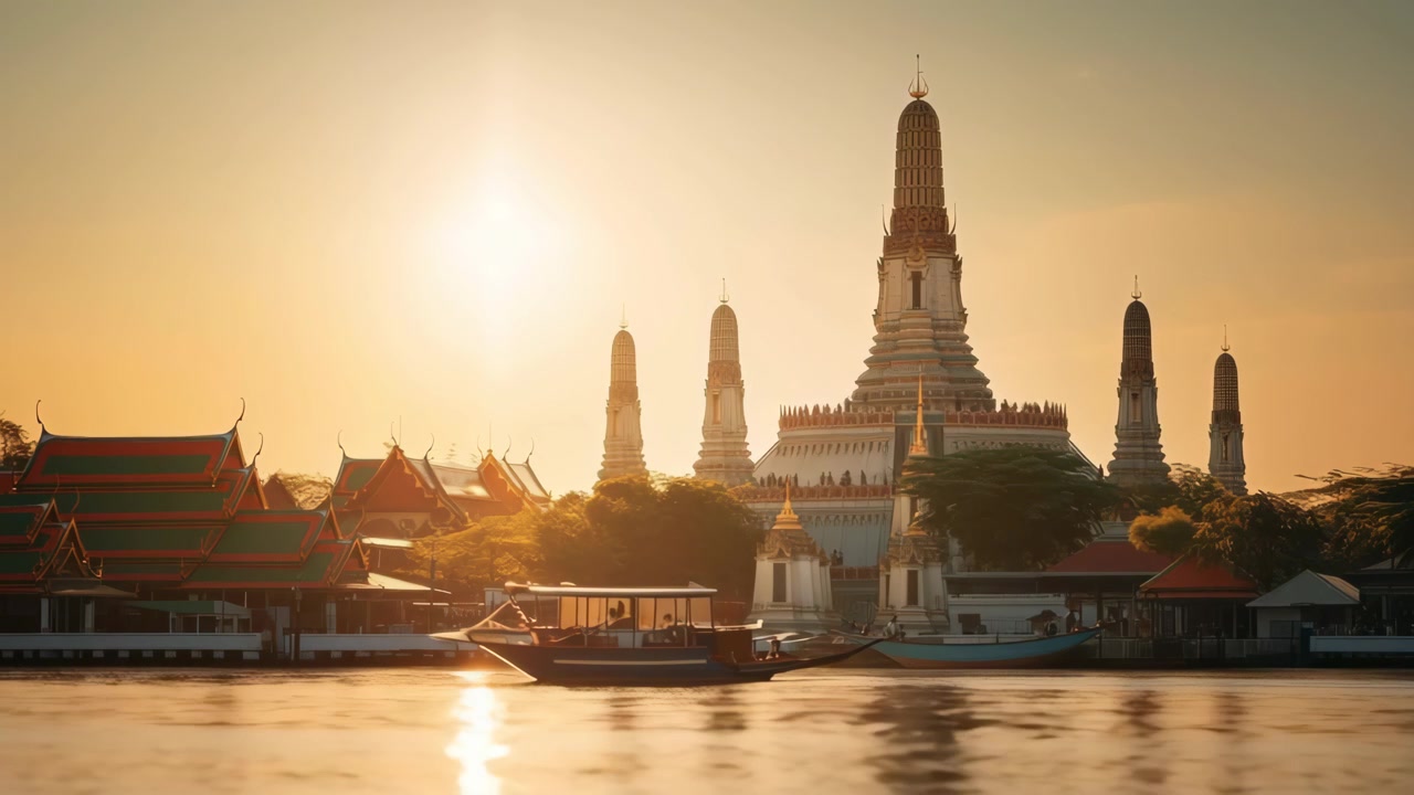 Iconic Wat Arun Temple and River Boats at Golden Hour in Bangkok