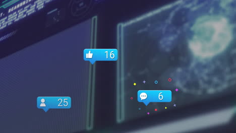 social media notification icons floating over rising graphs as space nebula swirling behind panels