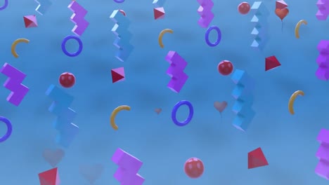 animation of hearts floating over moving diverse shapes on blue background