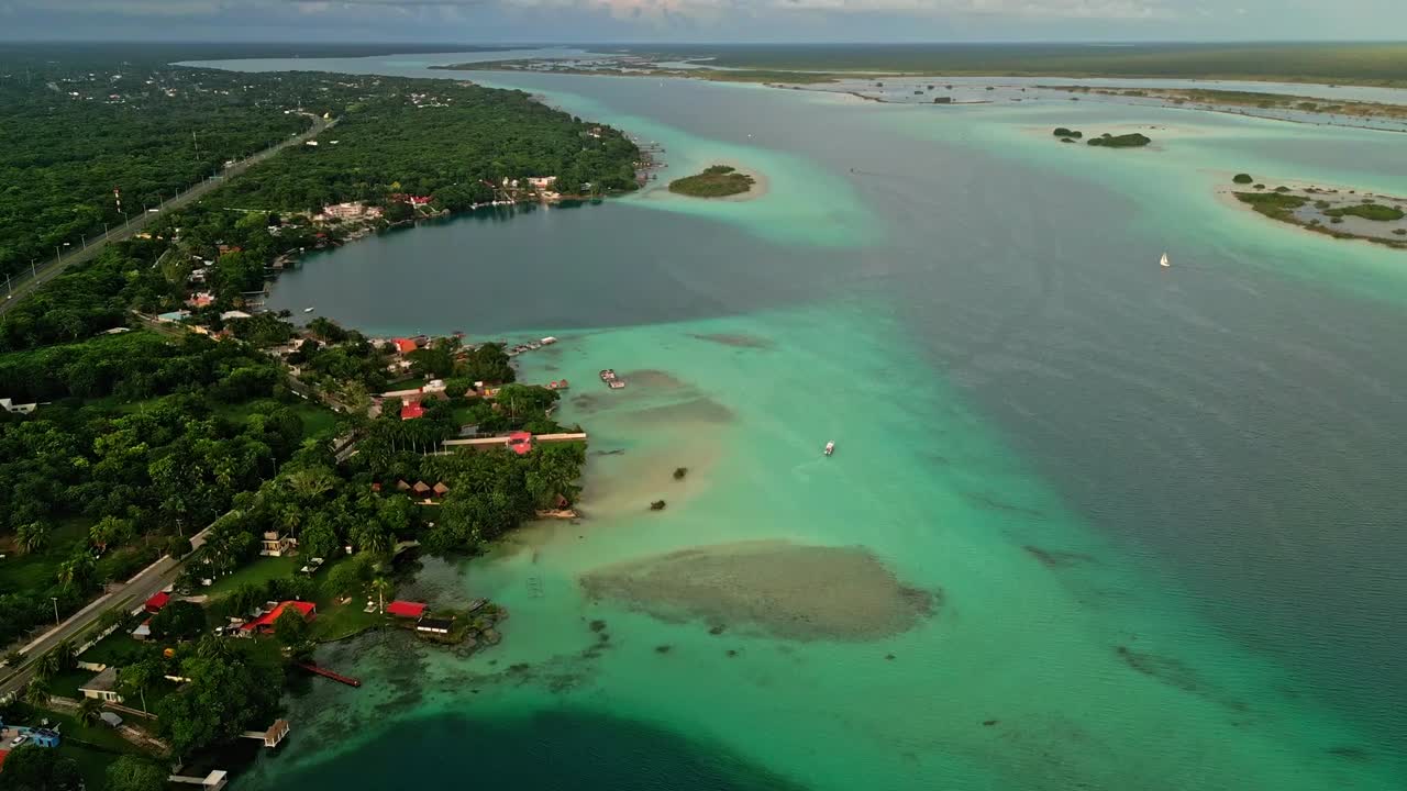 Aerial of Bacalar lagoon with vibrant waters, calm mood, Mexico