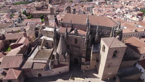 famous, new cathedral in plasencia, spain, aerial orbit, old roman architecture