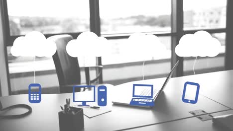 Animation-of-clouds-and-digital-icons-over-laptop-on-desk