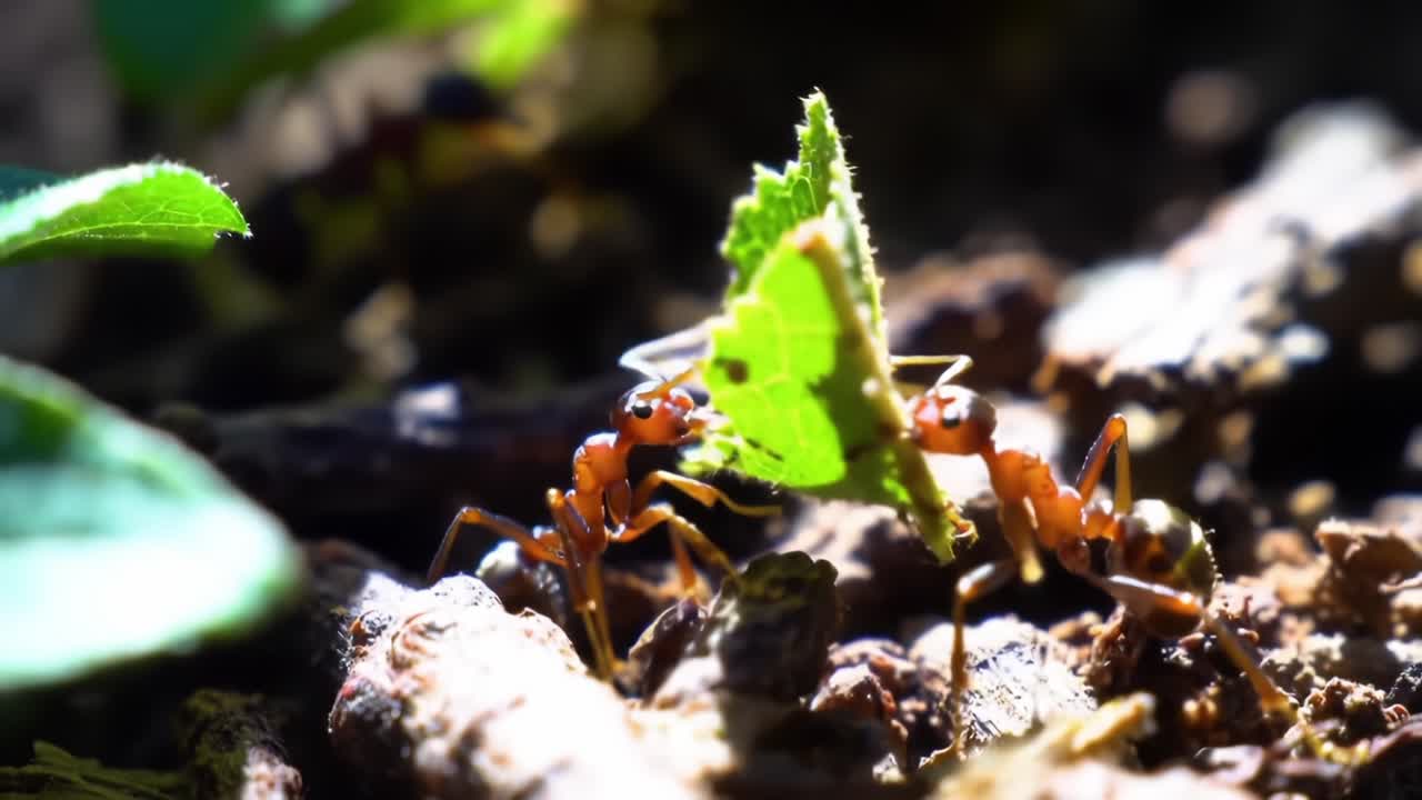 A Captivating Close-Up of Leaf-Cutting Ants Collaboratively Transporting Leaves to Their Colony's Nest in a Lush Forest Environment
