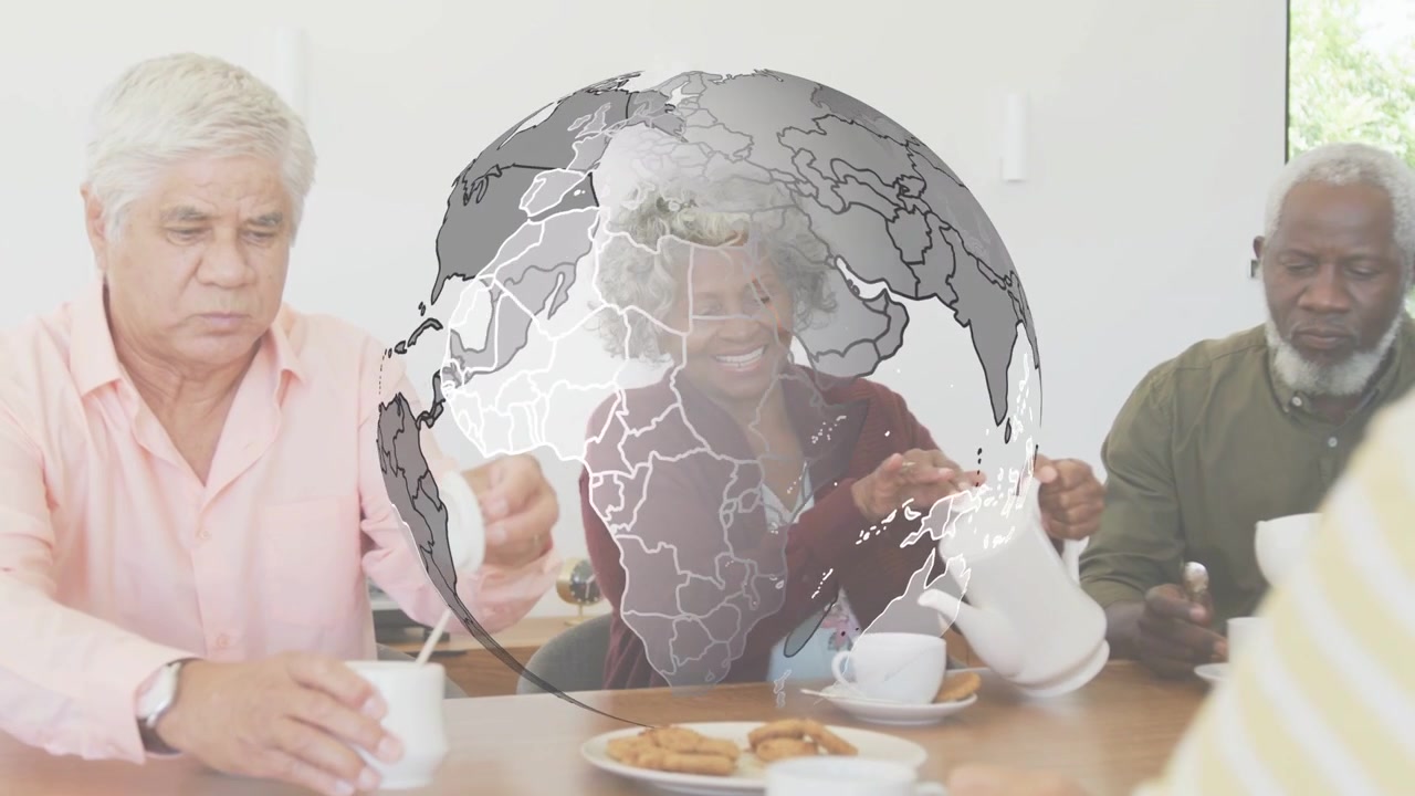 Anziana donna che versa da una teiera mentre le tazze vengono allungate, servendo la comunità, mentre un'interfaccia grafica a forma di globo rotante oscura la scena.