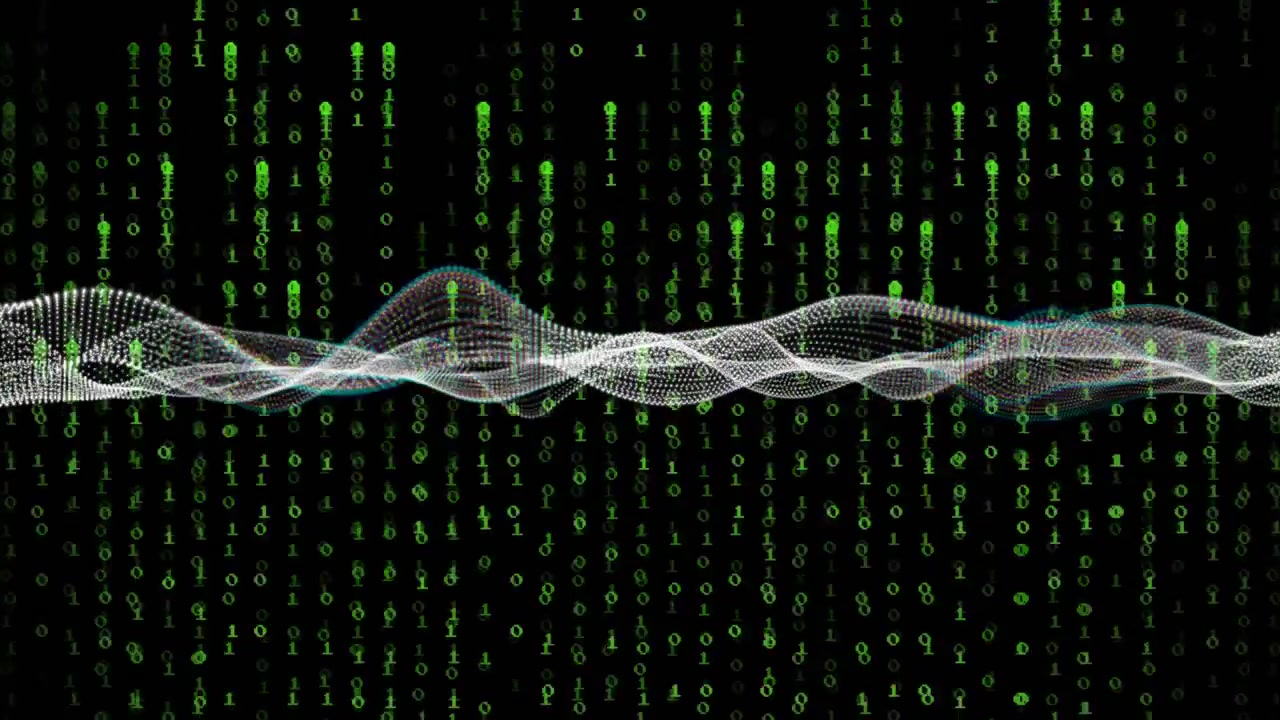On start, white waveform rising, undulating and fading over binary streams visualizing data flow