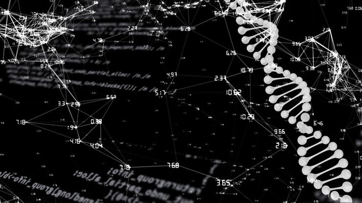 Animation of dna strand, network of connections and data processing over black background