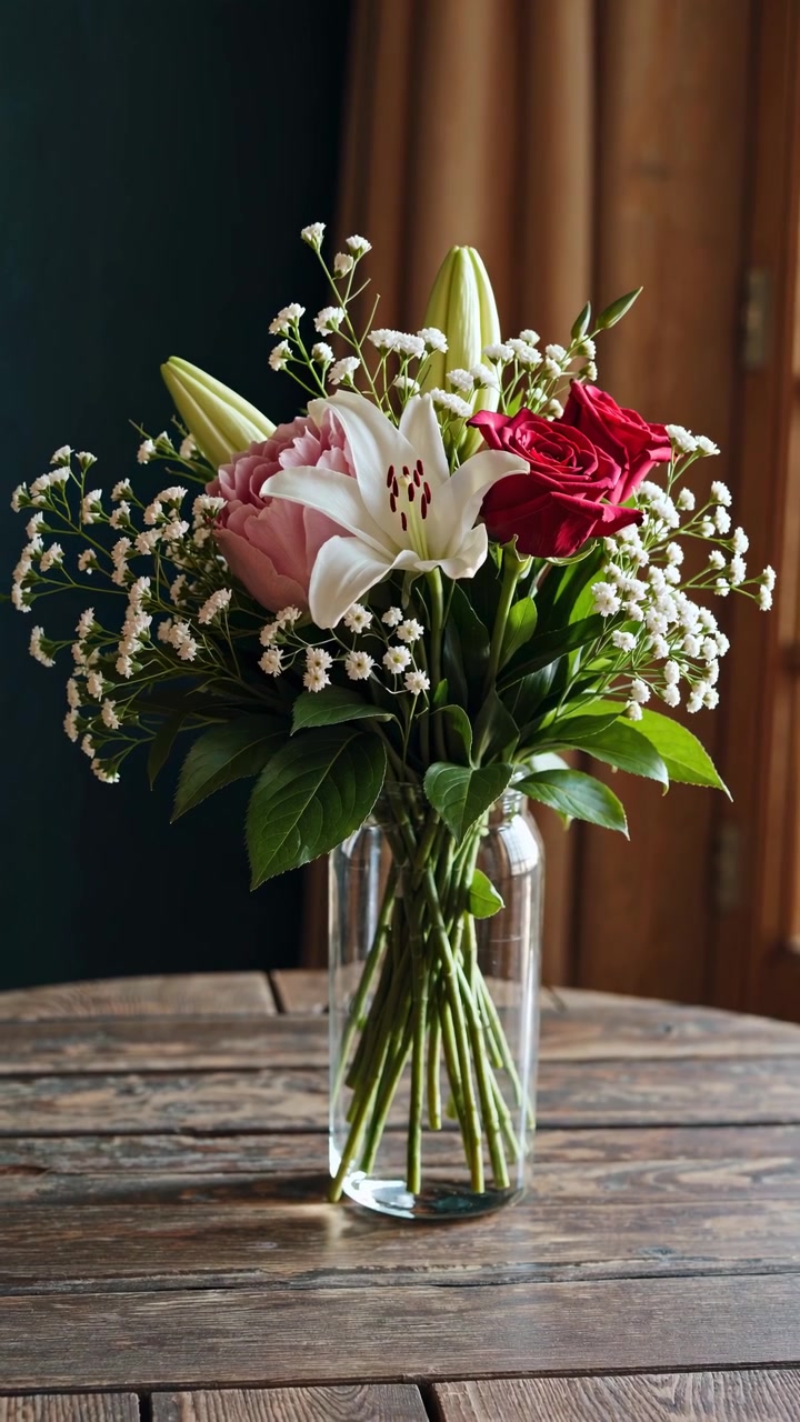 Bouquet di rose fresche e gigli in un vaso di vetro