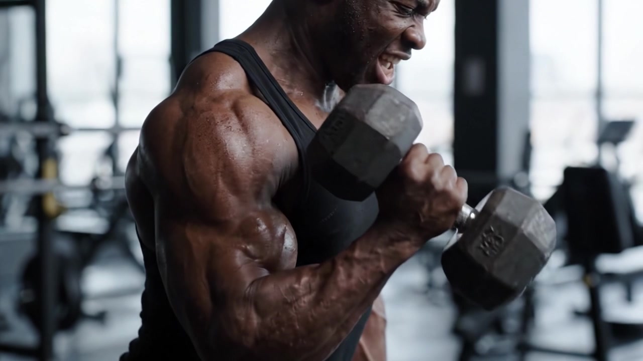 Sessione Intensa di Sollevamento Pesi: Un Bodybuilder Concentrato che Esegue Esercizi con Manubri per Costruire Forza e Aumentare la Massa Muscolare nell'Ambiente della Palestra