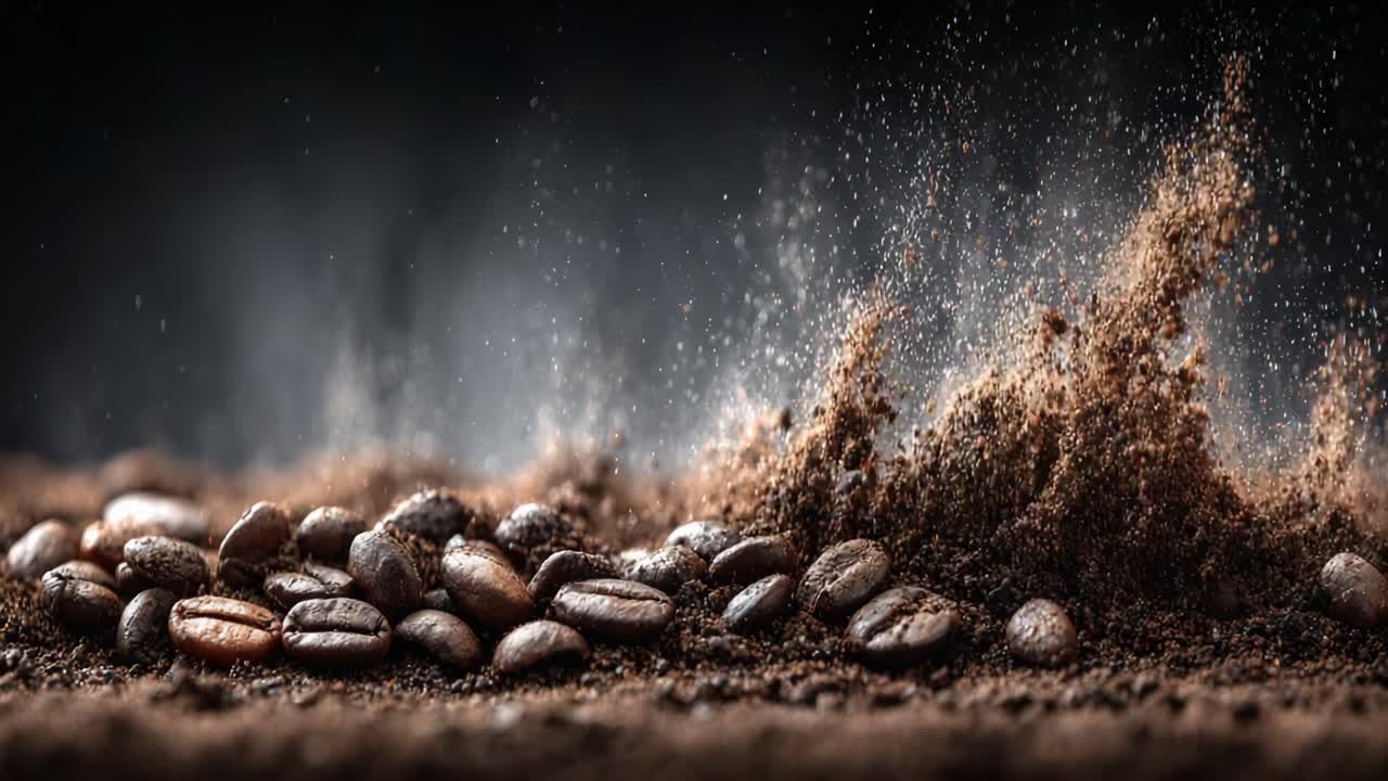 Dynamic Coffee Beans in Motion: Capturing the Intricate Dance of Ground Coffee and Whole Beans Amidst a Cloud of Aroma and Flavor