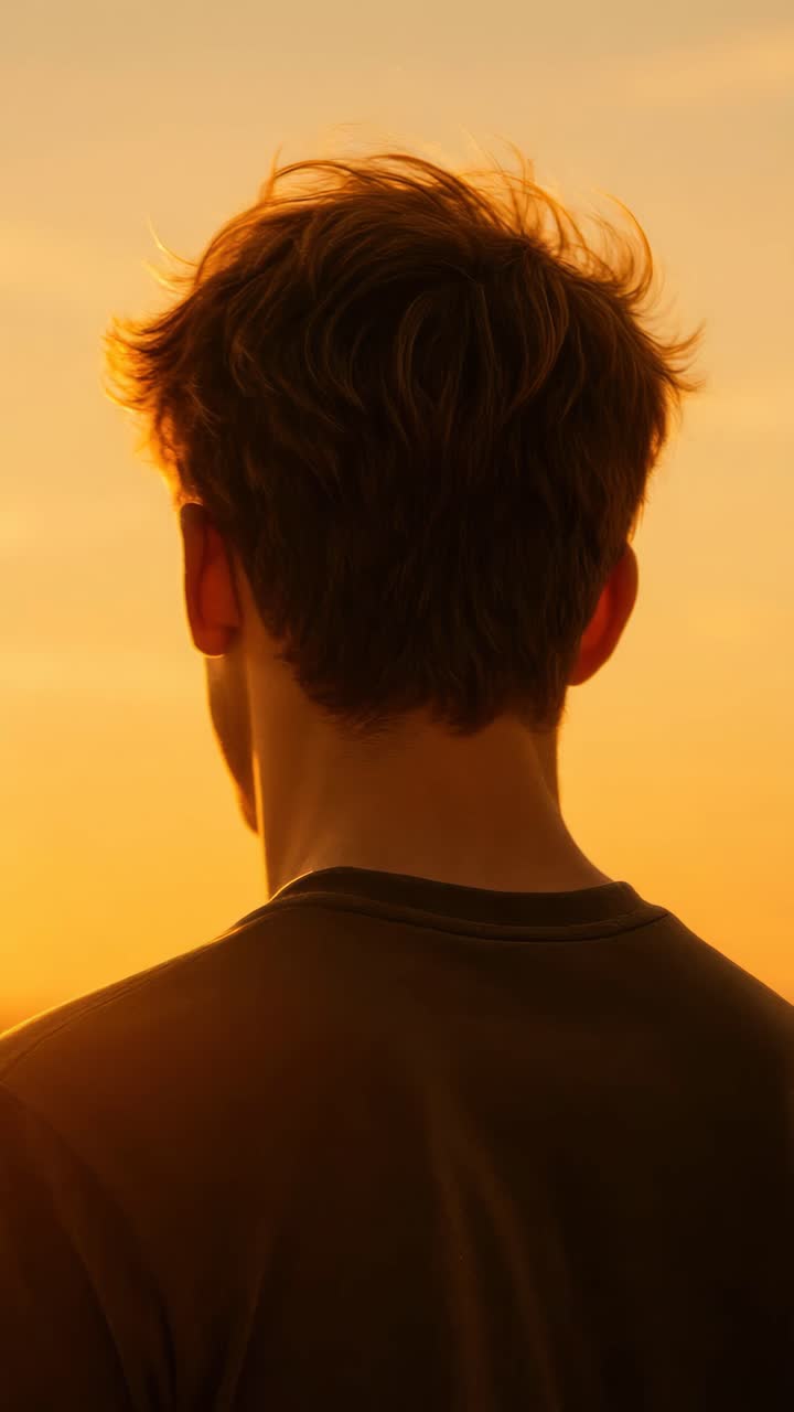 A serene sunset video concept with a back view of a person. Captured from a low angle