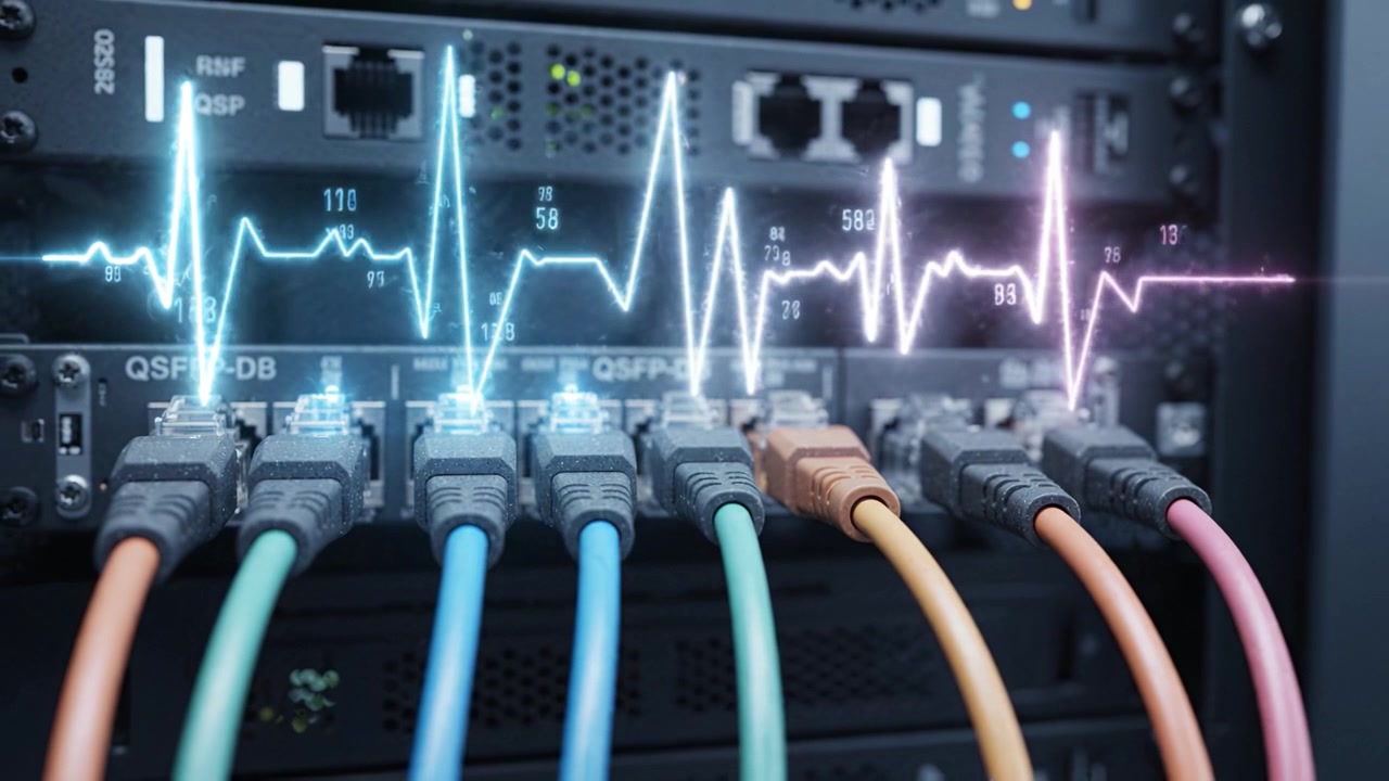 Detailed Close-Up of Network Equipment with Colorful Patch Cords Connecting to Data Center Routers in a Modern Digital Infrastructure Setup