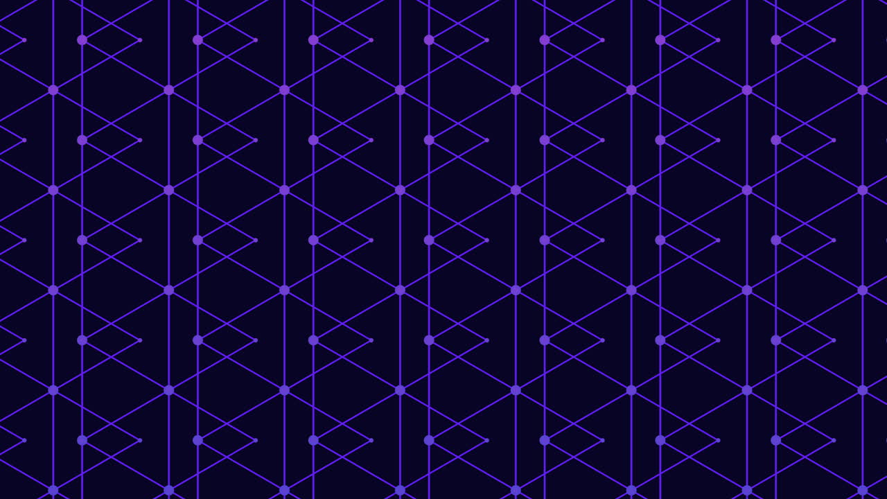 Abstract neon purple geometric grid with connected nodes and diagonal lines on dark background, futuristic technology pattern for digital interface, motion design