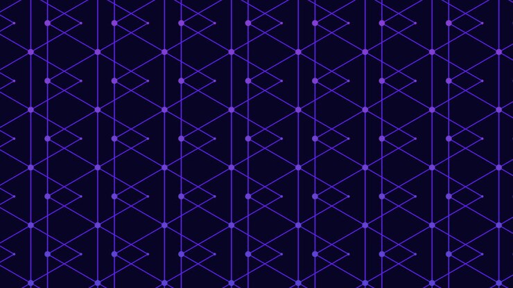 Abstract neon purple geometric grid with connected nodes and diagonal lines on dark background, futuristic technology pattern for digital interface, motion design