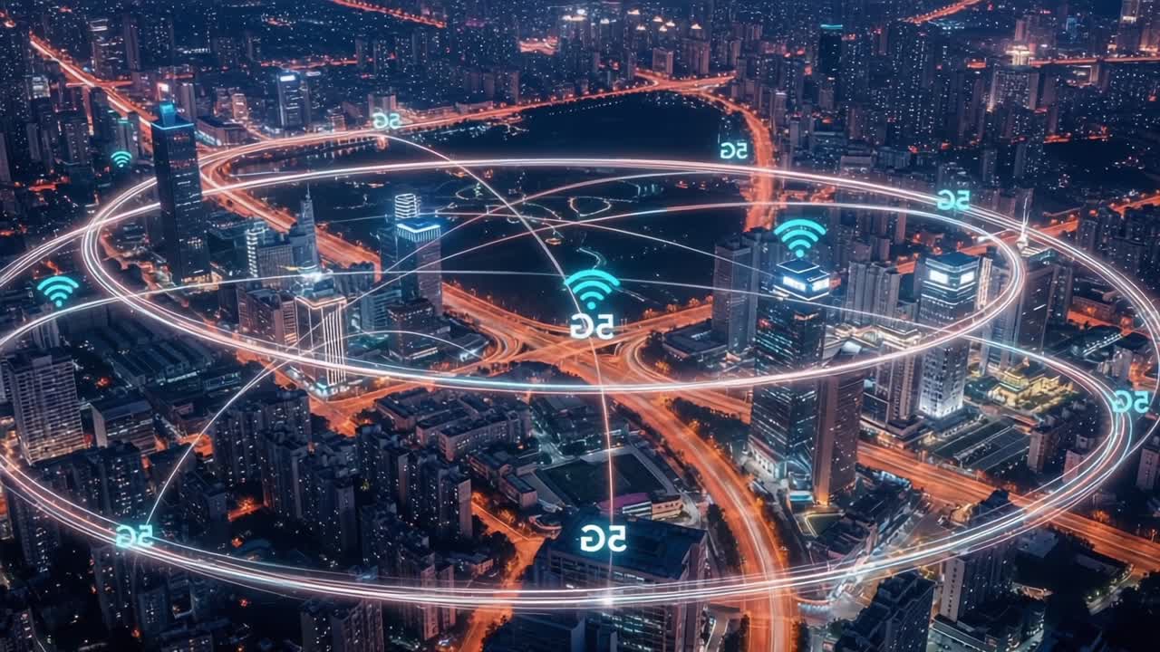 Aerial View of a Vibrant City at Night Showcasing 5G Connectivity with Luminous Circles Indicating Network Coverage Over a Busy Urban Landscape