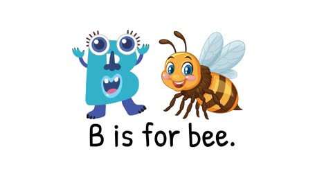 colorful animation introducing the letter b with a playful character and bee, emphasizing early learning