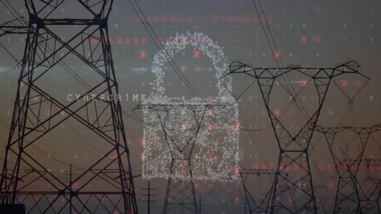 animación de escaneo, advertencia de virus y nube digital sobre los postes de electricidad