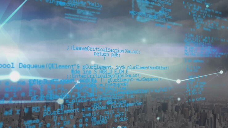 Animation of network of connections and data processing over cityscape