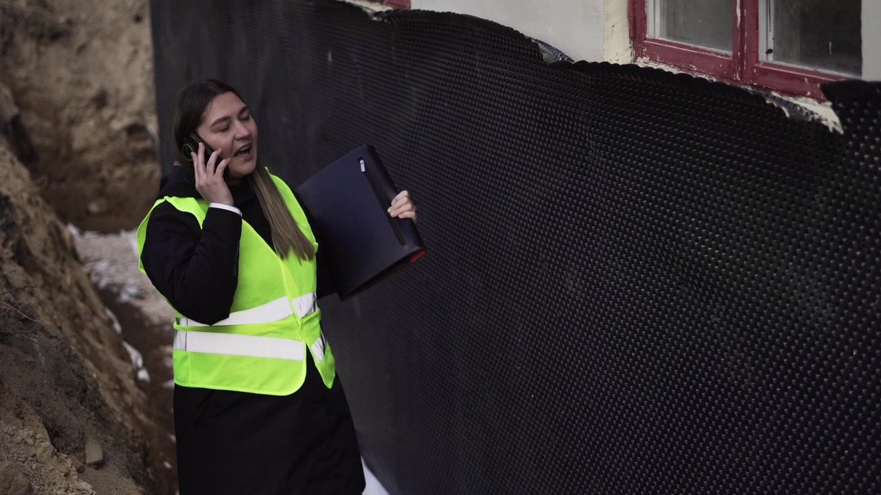 Inspectora de construcción hablando por teléfono en una obra, revisando el trabajo exterior y el cumplimiento de seguridad durante una inspección del sitio