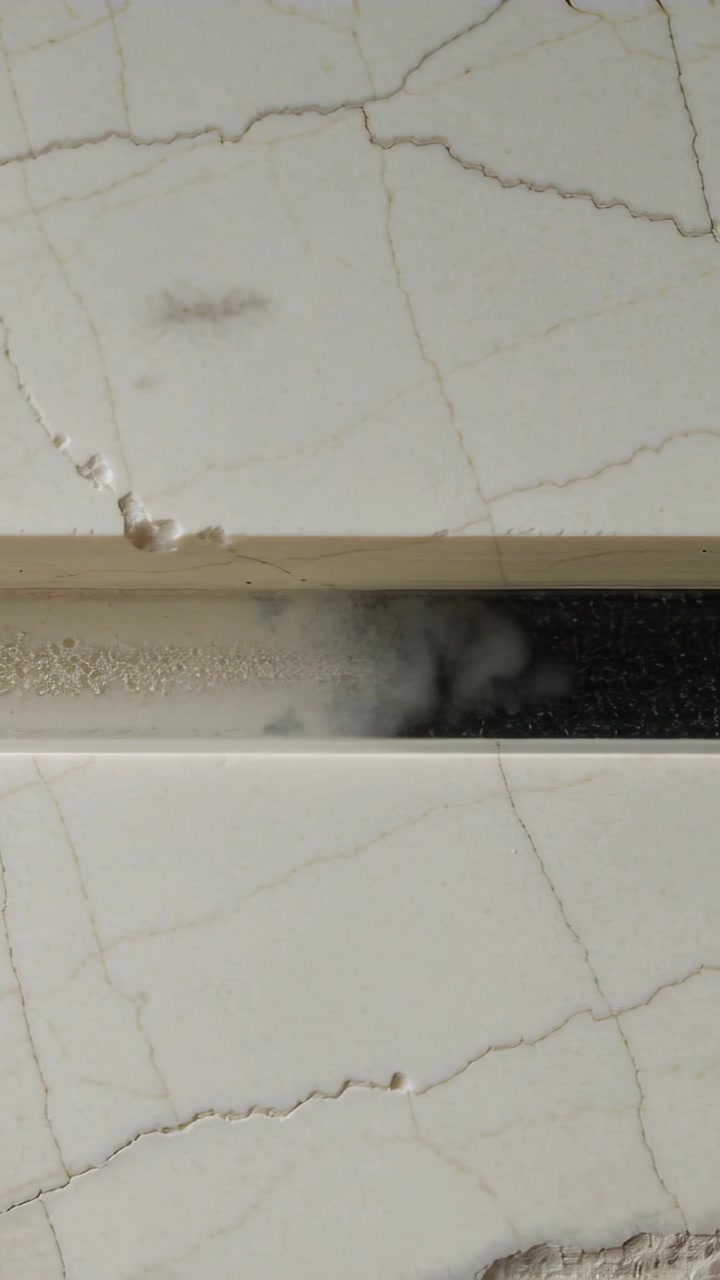 Lodret video: Hvid damp slipper ud fra en smal sprække mellem revnede flisekanter