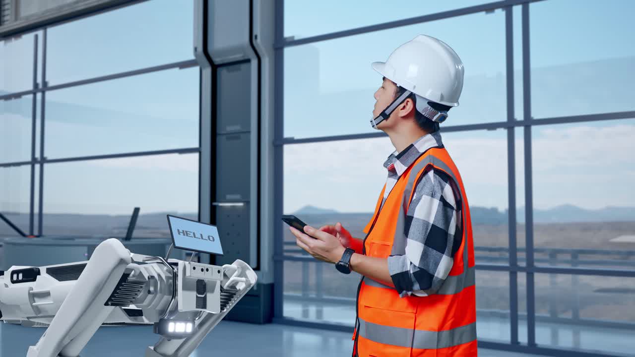 Engineer Monitoring Robot in Modern Facility