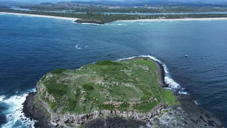 large rock formation rising from the ocean creating a protected animal habitat