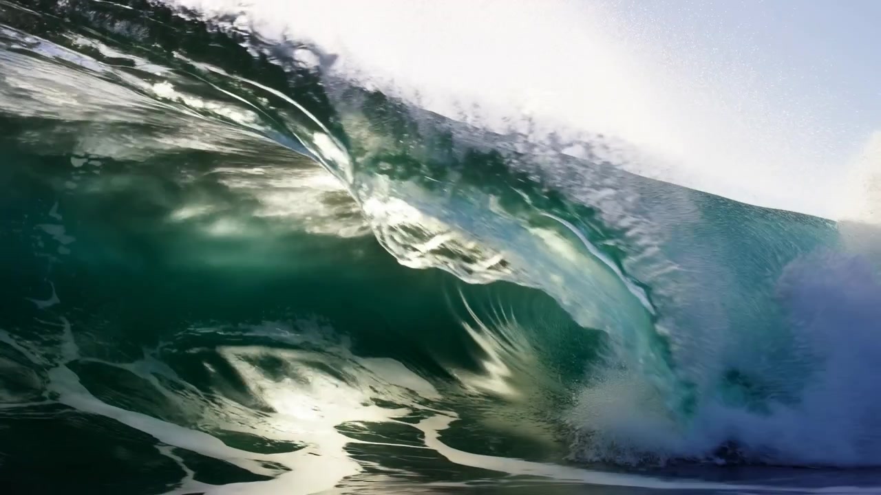 Vista interna em ângulo baixo de uma grande onda oceânica azul-esverdeada formando um tubo oco, com o lábio enrolado e a espuma agitada criando uma textura de surf poderosa, iluminada por trás com brilho e contraste dramáticos.