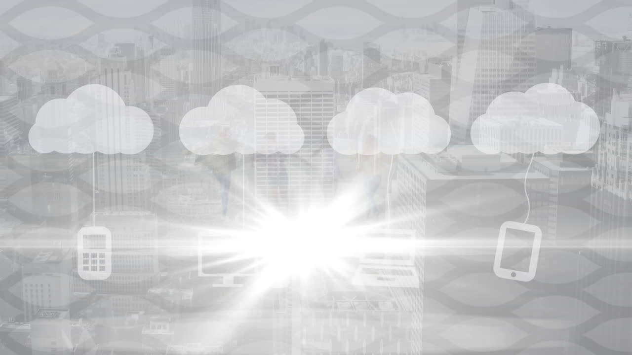 Animation of cityscape with clouds and digital icons