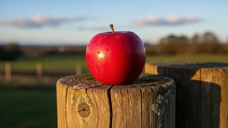 a vibrant red apple resting on a weathered wooden post amidst a beautiful outdoor landscape under a clear sky, capturing nature's freshness and simplicity