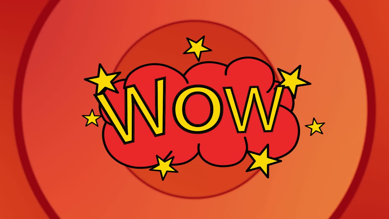 빈티지 만화 만화 연설 거품의 애니메이션 와우! 배경에 오렌지색 원에 텍스트