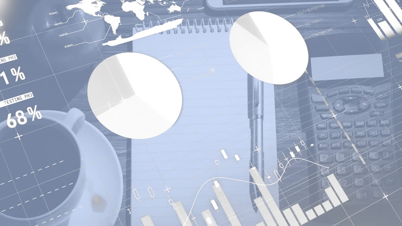 Animation of data processing and diagrams over office table with equipment