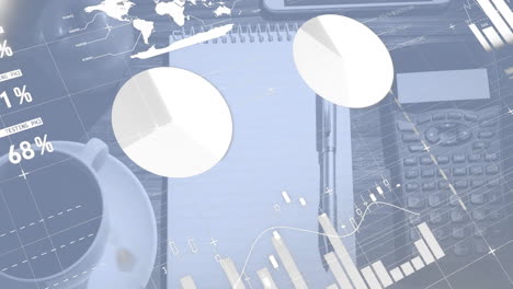 animation of data processing and diagrams over office table with equipment