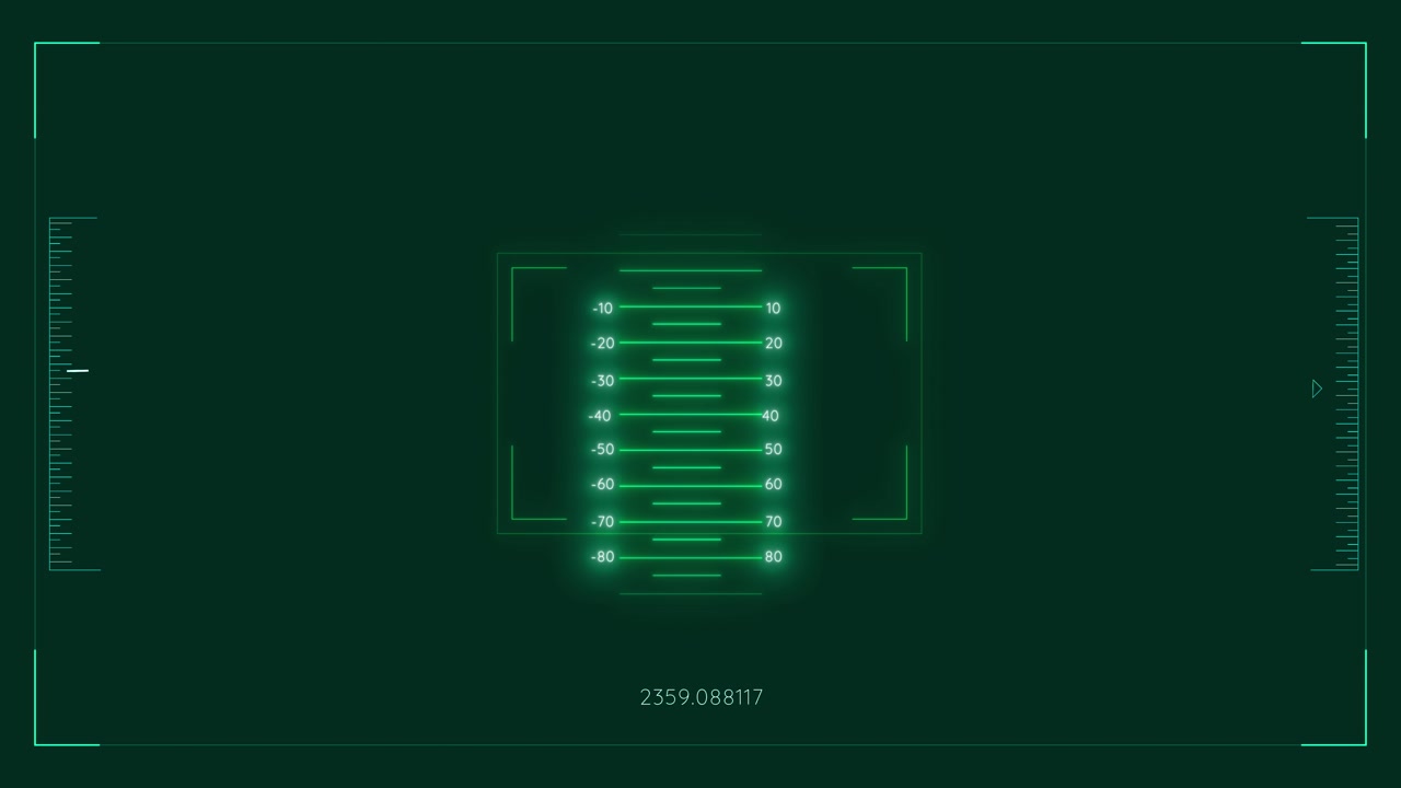 Futuristic green scanner interface with central glowing scale thin corner guides side rulers and